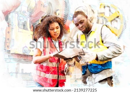 Digital painting and sketch drawing of African workers working team service and discussing plan of maintenance machine in heavy industrial factory