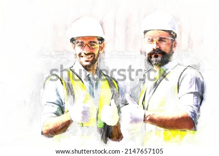 Digital painting and sketch drawing of happy inspector working with checking list of shipping container with show trump up and smile service in commercial transport port 