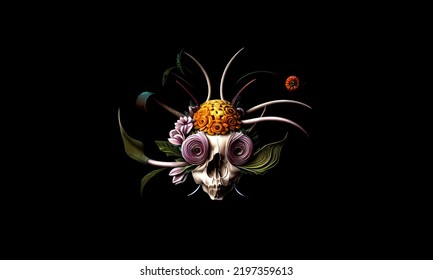 Digital Painting Of A Skull With Flowers Of The Day Of The Dead And Halloween. Digital Illustration Of A Multicolor Animal Skull Mask For Trick Or Treat Party With Black Background And Copy Space.