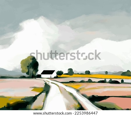 A digital painting of a small white farmhouse in a yellow field with a pathway in the foreground