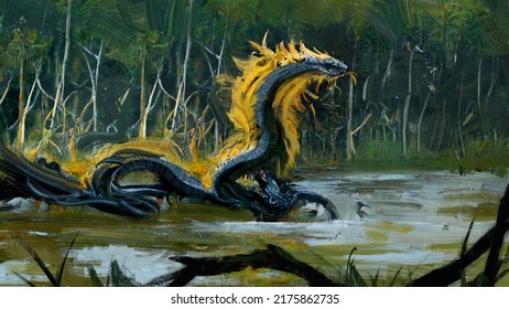 Digital Painting Of A Snake Dragon In Blue Green Swamp Environment - Fantasy Creature Illustration