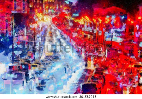 Digital painting of the structure. Lively night\
street with cars in\
colors