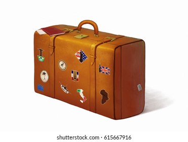 Digital Painting Of A Suitcase Full Of Stickers With Passports And Plane Tickets On Top