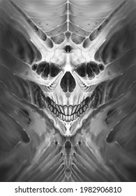 Digital Painting Of A Symmetrical Skull Design In Black And White Monochrome - Fantasy Drawing