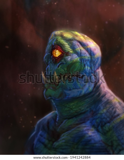 Digital\
painting of a toothy cyclops creature concept drawing in an\
abstract environment - fantasy\
illustration