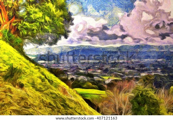 Digital painting of a view from top of a hill across a village with mountains and a cloudy sky in the horizon in the style of Vincent Van Gogh