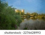 Digital painting of Willington power station cooling towers from the bank of the River Trent at Willington, Derbyshire, UK