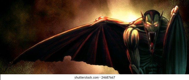 Digital Painting Of A Winged Evil Vampire Demon