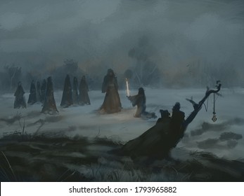 Digital painting of a witch cult ritual in a secluded field on a dark foggy night - digital fantasy illustration