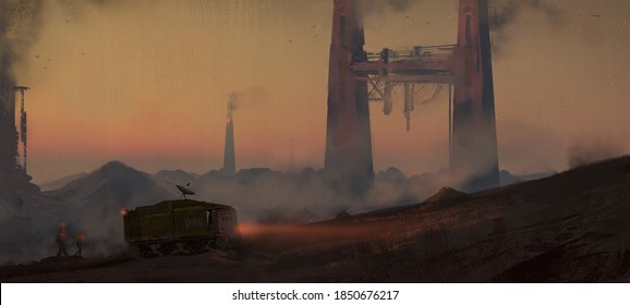 Digital painting of workers and heavy equipment mining on an alien planet - science fiction fantasy illustration