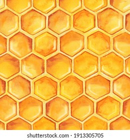 Digital Paper Seamless Pattern With Honeycomb, Beehive Bee Wasp, Bumblebee, Honey. Hand Drawn Watercolor Illustration Isolated On White Background.