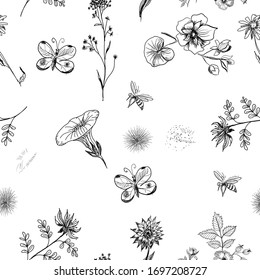 白い背景に小さな花と葉のデジタルパターン線描き イラスト のイラスト素材 Shutterstock