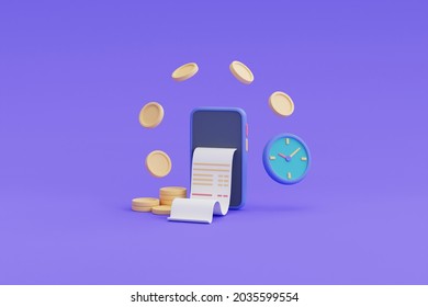 Digital payment and online cashback concept,phone,floating money coins,watch,bill.3d render.