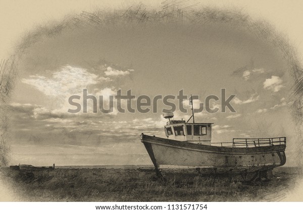 Digital Pencil Drawing Abandoned Fishing Boat Stock Illustration