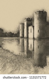 Digital Pencil Drawing Of Beautiful Medieval Castle And Moat At Sunrise With Mist Over Moat And Sunlight Behind Castle