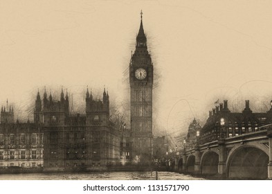 Digital Pencil Drawing Of Big Ben And Westminster Bridge Landscape In London