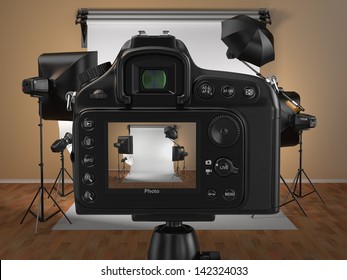 Digital photo camera in studio with softbox and flashes. 3d - Powered by Shutterstock