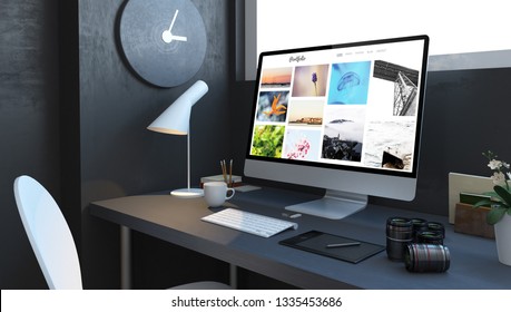 Digital Photographer Desktop With Portfolio Computer 3d Rendering