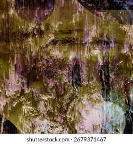  A digital piece with an abstract texture of vertical green, purple, and brown lines over obscured shapes.