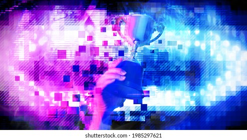 Digital pixel trophy on winner hand with background digital futuristic stadium stage for e-sport concept, illustration picture

