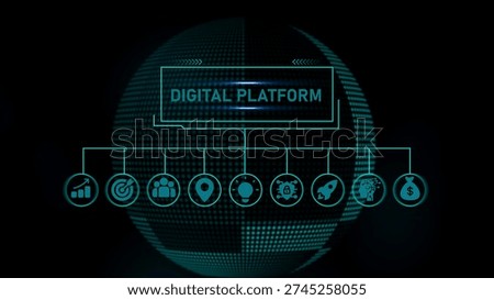 Digital platform interface with globe and on black background flowchart diagram technology