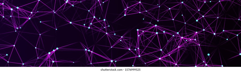 Digital plexus of glowing lines and dots. Abstract background. etwork. Widescreen illustration. 3D rendering.