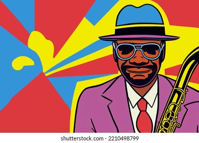 Digital Pop Art Illustration Of A Black Jazz Musician In A Fedora Holding A Saxophone