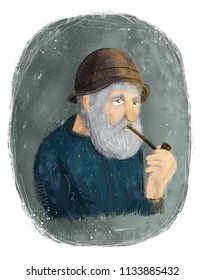 Digital portrait painting of an old fisherman with long white beard wearing a hat and smoking a pipe in watercolour and chalky style, Illustration of an old man