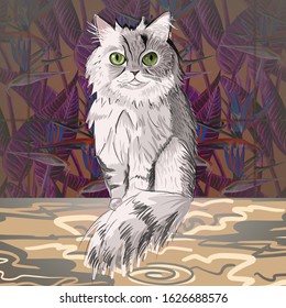 Digital poster with Maine coon cat. Multi color illustration with standing cat - Powered by Shutterstock