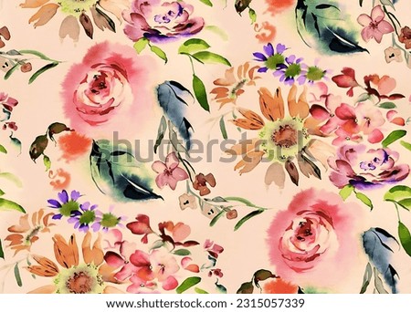 Digital print canvas design watercolor floral allover seamless pattern blur wave effect creative style jall hand paint smooth mixing art for saree suit kurti parda chader cover paper tils home decore. [[stock_photo]] © 