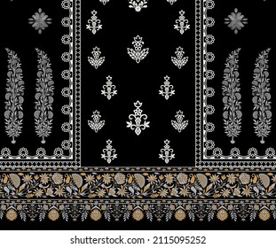 Digital print design for fabrics like motif, broque pattern.Traditional Background Indian motif and broque.Digital textile design with botanical green leaves gold ornament geometric borders and ect.