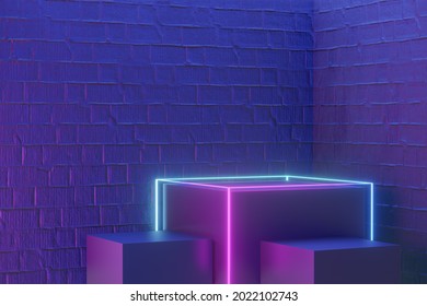 Digital product background. Three Black block podium with led light wireframe reflects on dark blue pink bricks background. 3D illustration rendering.