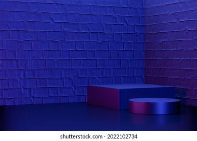 Digital product background. Two Black round cylinder podium on dark blue pink bricks background. 3D illustration rendering.