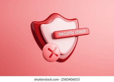 Digital red shield with security check error symbol on pink background. Concept of online protection, firewall breach, or antivirus warning. 3D Rendering
