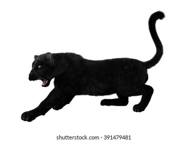 Digital Render Of A Big Cat Black Panther Hunting Isolated On White Background