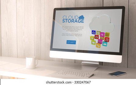 digital render generated workspace with computer and smartphone. cloud storage drive website on screen. All screen graphics are made up.