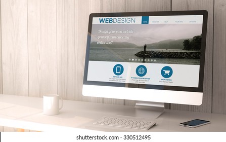 Digital Render Generated Workspace With Computer And Smartphone. Web Design Website On Screen. All Screen Graphics Are Made Up.