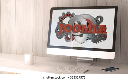 digital render generated workspace with computer and smartphone.joomla on screen. All screen graphics are made up.