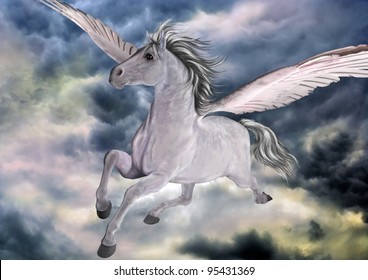 A Digital Render And Painting Of Pegasus, A Winged Horse From Greek Mythology, Heading Up To Mount Olympus To See Zeus.