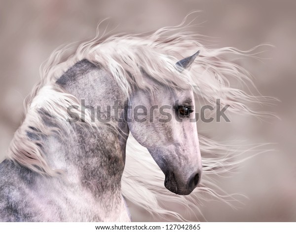 A digital\
render of the profile of a dappled grey horse.  Close up head shot,\
monochromatic warm sepia\
tones.
