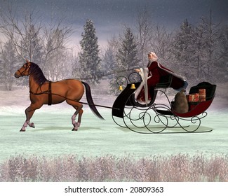 Digital Render Of A Traditional Father Christmas In A Horse Drawn Sleigh