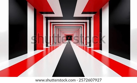 A digital rendering of an abstract tunnel with red, white, and black stripes creating a symmetrical and visually striking composition.