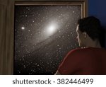 digital rendering of a young man standing at a doorway leading to outer space