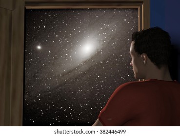 digital rendering of a young man standing at a doorway leading to outer space