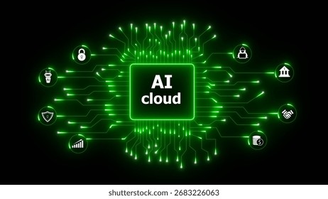 A digital representation of ai cloud technology, with a central green square labeled 'ai cloud' and glowing circuit lines, featuring icons for security, finance, and institutions.