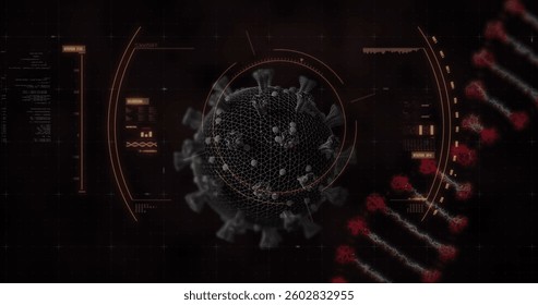 Digital representation of coronavirus with data and graphics in futuristic interface. pandemic, health, technology, outbreak, science, analytics