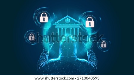 A digital representation of cybersecurity featuring a hooded figure and secure locks on a bank. Protect your digital assets.