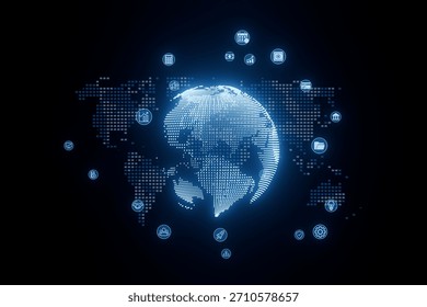 A digital representation of the globe displays interconnected icons representing different sectors influenced by artificial intelligence.