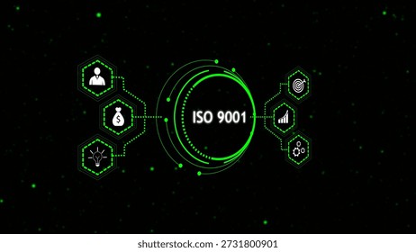 A digital representation of ISO 9001 certification with icons representing quality management, finance, goals, innovation, and growth, set against a dark background - Powered by Shutterstock - Get 15% off with code: PIKWIZARD15