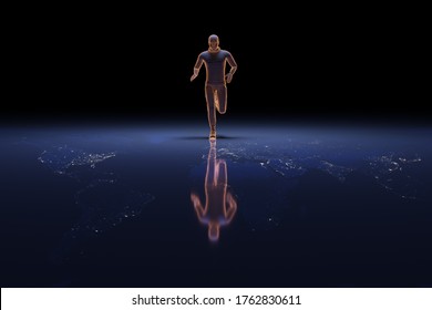 Digital Runner Running On Top Of The World. 3D Render.